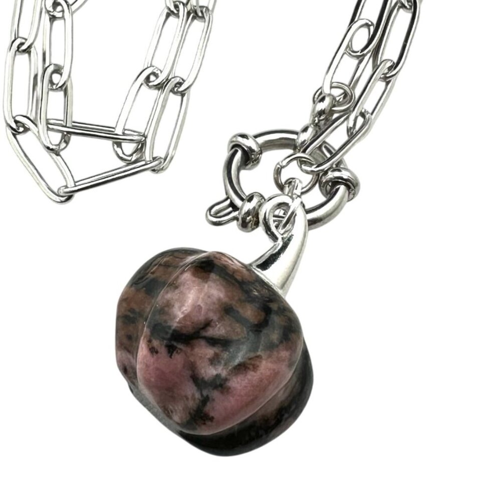 Dragon Blood Gemstone Pumpkin Pendant Necklace Silver Tone 17 Inch